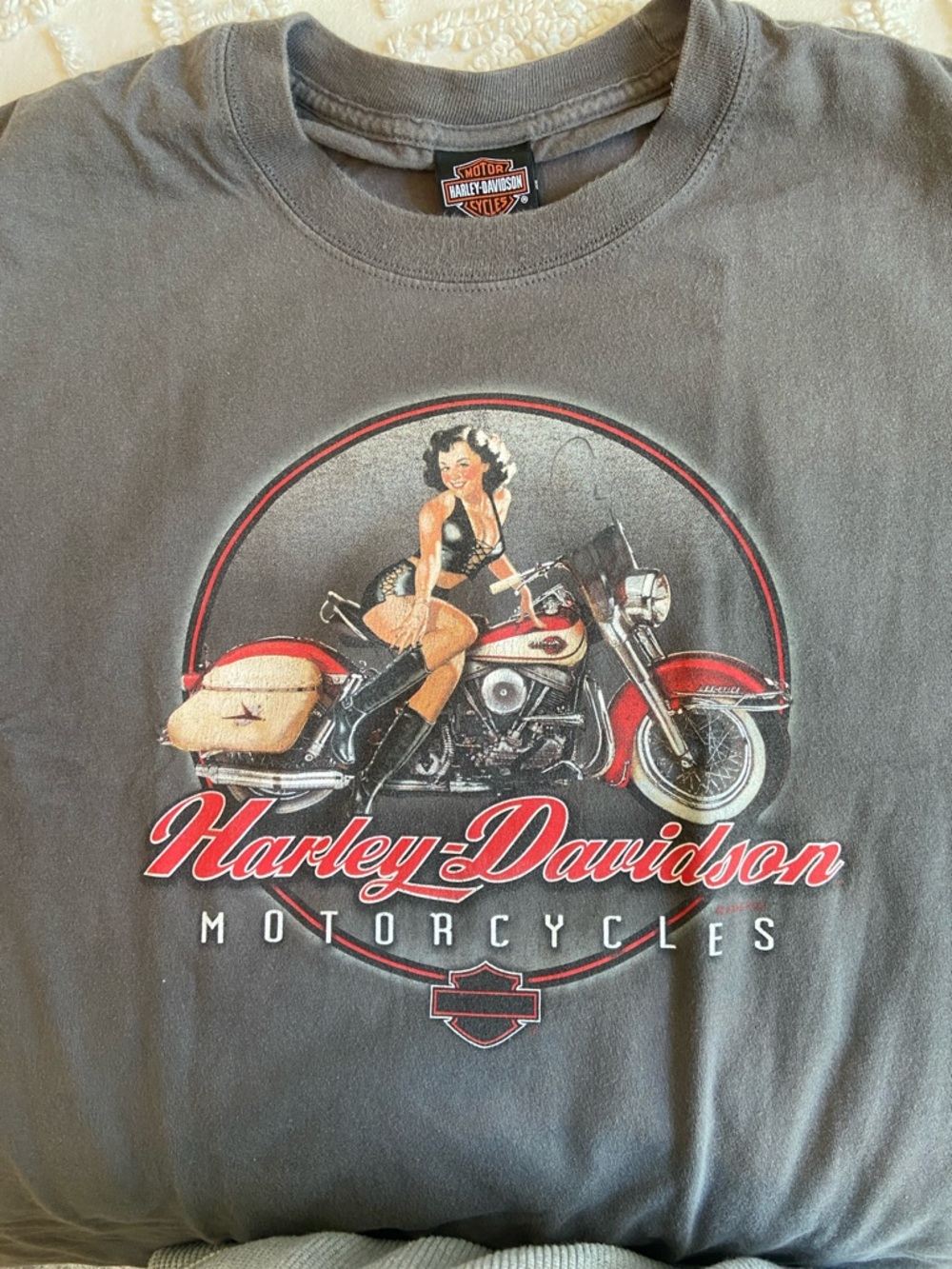 Harley-Davidson Gray Tee with Red & Cream Pinup Motorcycle Graphic